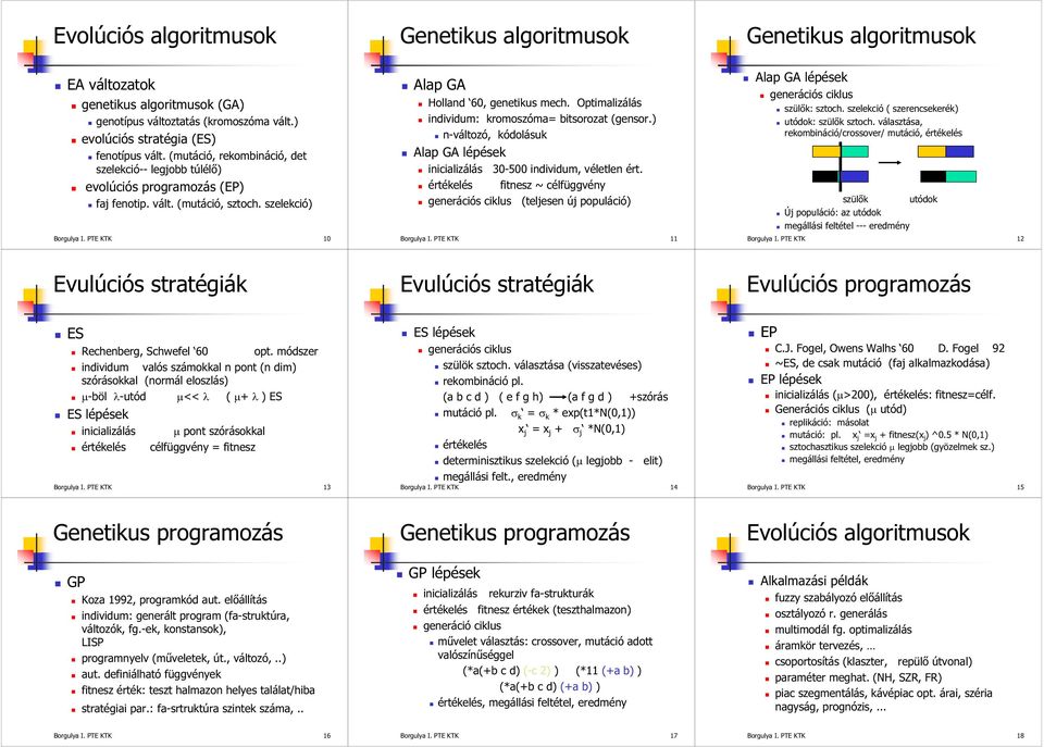 Optimalizálás individum: kromoszóma= bitsorozat (gensor.) n-változó, kódolásuk Alap GA lépések inicializálás 30-500 individum, véletlen ért.