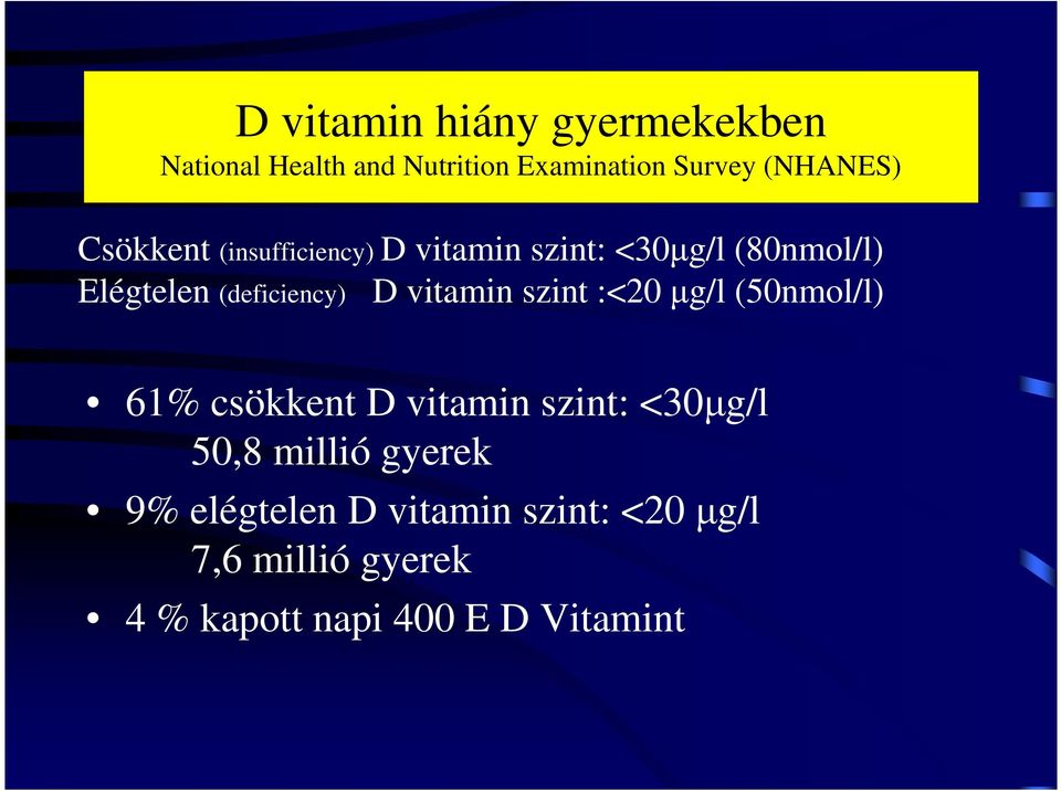 vitamin szint :<20 µg/l (50nmol/l) 61% csökkent D vitamin szint: <30µg/l 50,8 millió