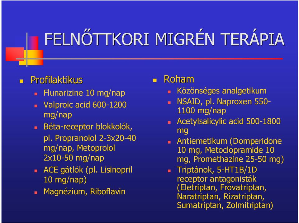 Lisinopril 10 mg/nap) Magnézium, Riboflavin Roham Közönséges analgetikum NSAID, pl.