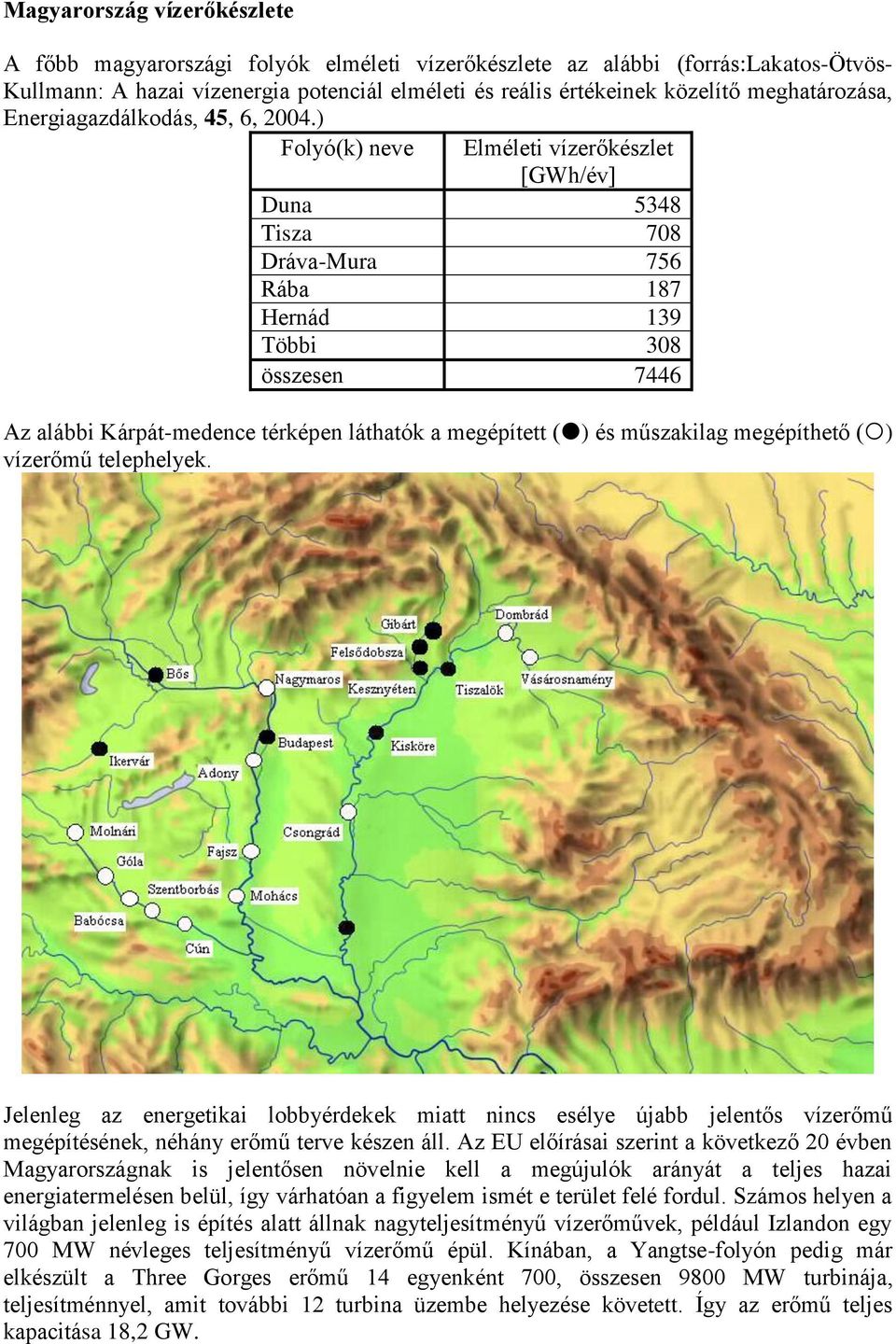 ) Folyó(k) neve Elméleti vízerőkészlet [GWh/év] Duna 5348 Tisza 708 Dráva-Mura 756 Rába 187 ernád 139 Többi 308 összesen 7446 Az alábbi Kárpát-medence térképen láthatók a megépített ( ) és műszakilag