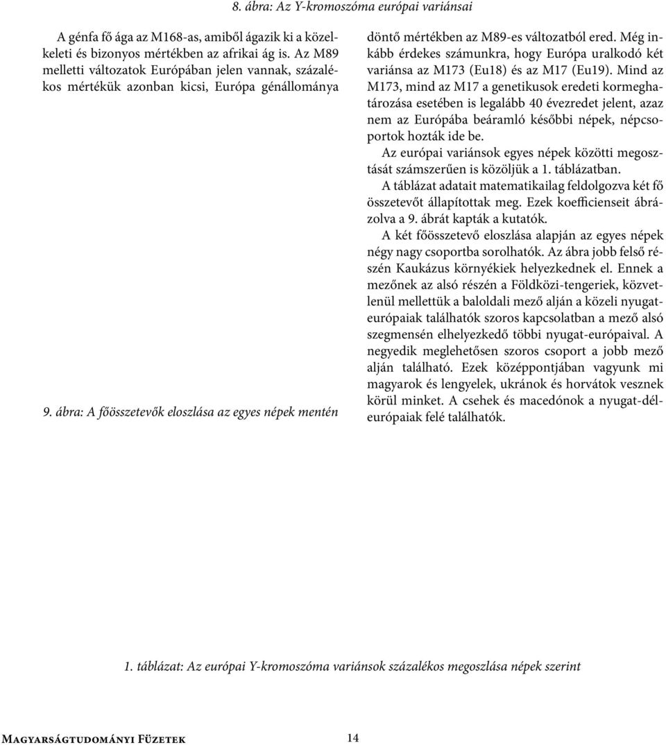 ábra: A főösszetevők eloszlása az egyes népek mentén döntő mértékben az M89-es változatból ered. Még inkább érdekes számunkra, hogy Európa uralkodó két variánsa az M173 (Eu18) és az M17 (Eu19).