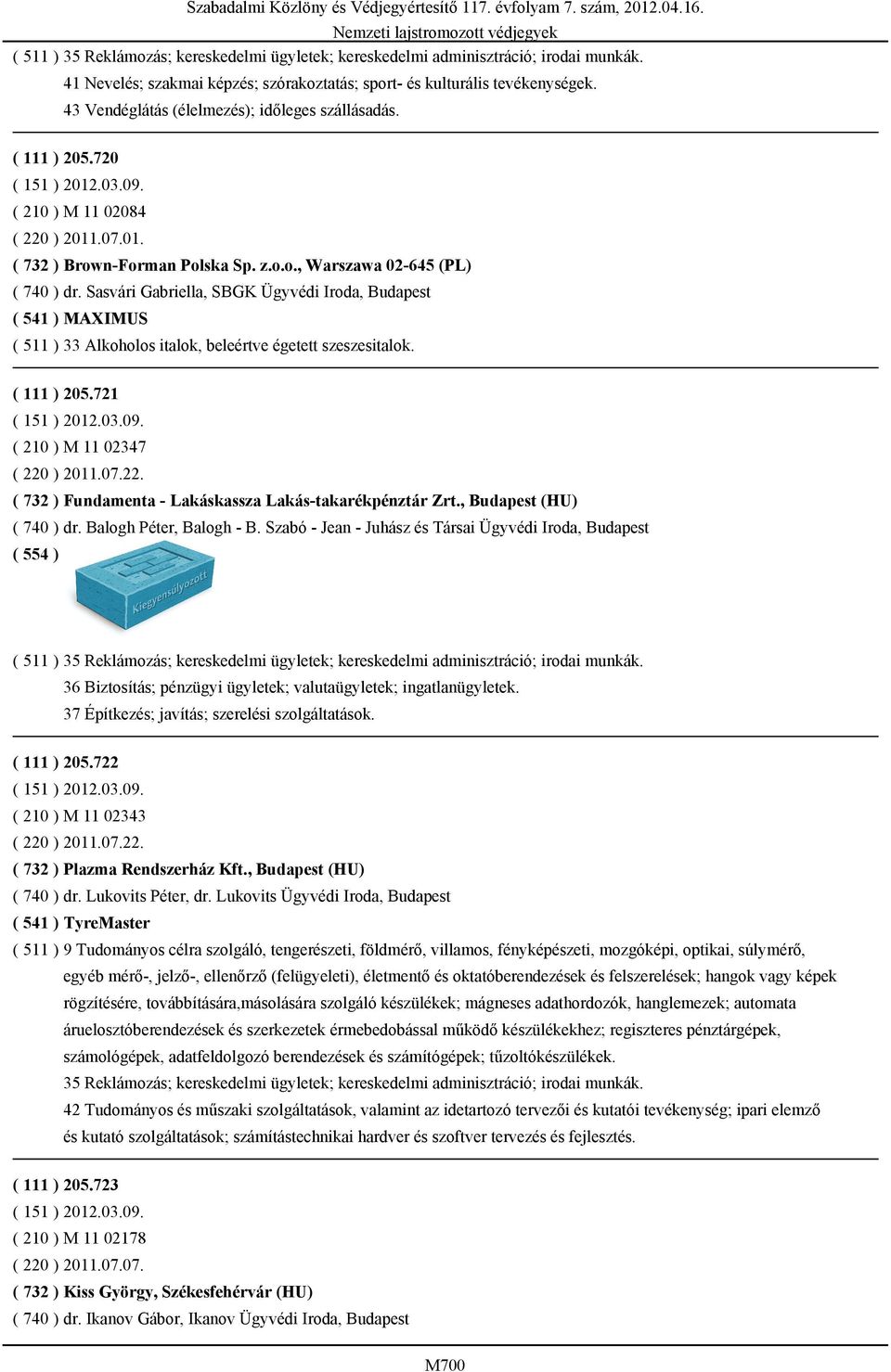 Sasvári Gabriella, SBGK Ügyvédi Iroda, Budapest ( 541 ) MAXIMUS ( 511 ) 33 Alkoholos italok, beleértve égetett szeszesitalok. ( 111 ) 205.721 ( 210 ) M 11 02347 ( 220