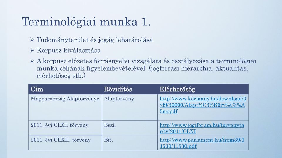 munka céljának figyelembevételével (jogforrási hierarchia, aktualitás, elérhetőség stb.