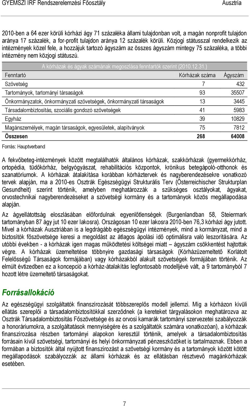 A kórházak és ágyak számának megoszlása fenntartók szerint (2010.12.31.
