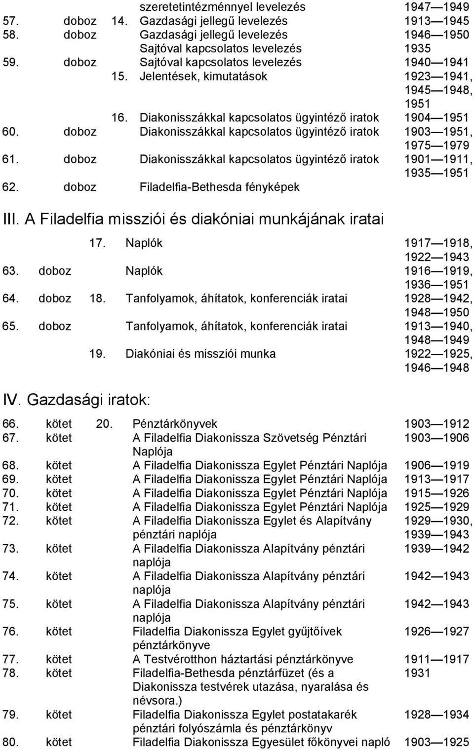 doboz Diakonisszákkal kapcsolatos ügyintéző iratok 1903 1951, 1975 1979 61. doboz Diakonisszákkal kapcsolatos ügyintéző iratok 1901 1911, 1935 1951 62. doboz Filadelfia-Bethesda fényképek III.