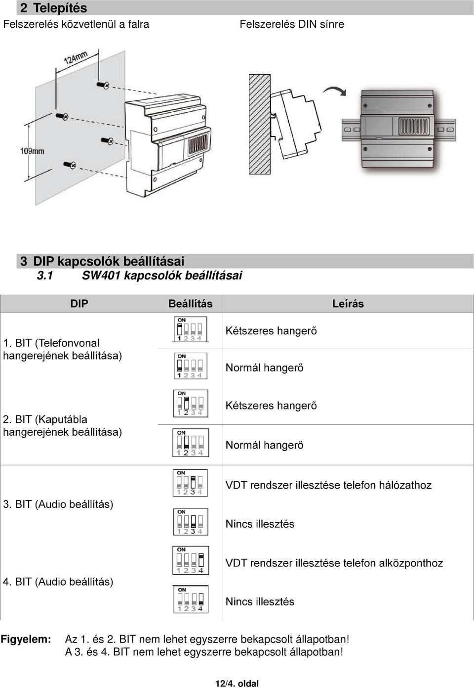 1 SW401 kapcsolók beállításai Figyelem: Az 1. és 2.