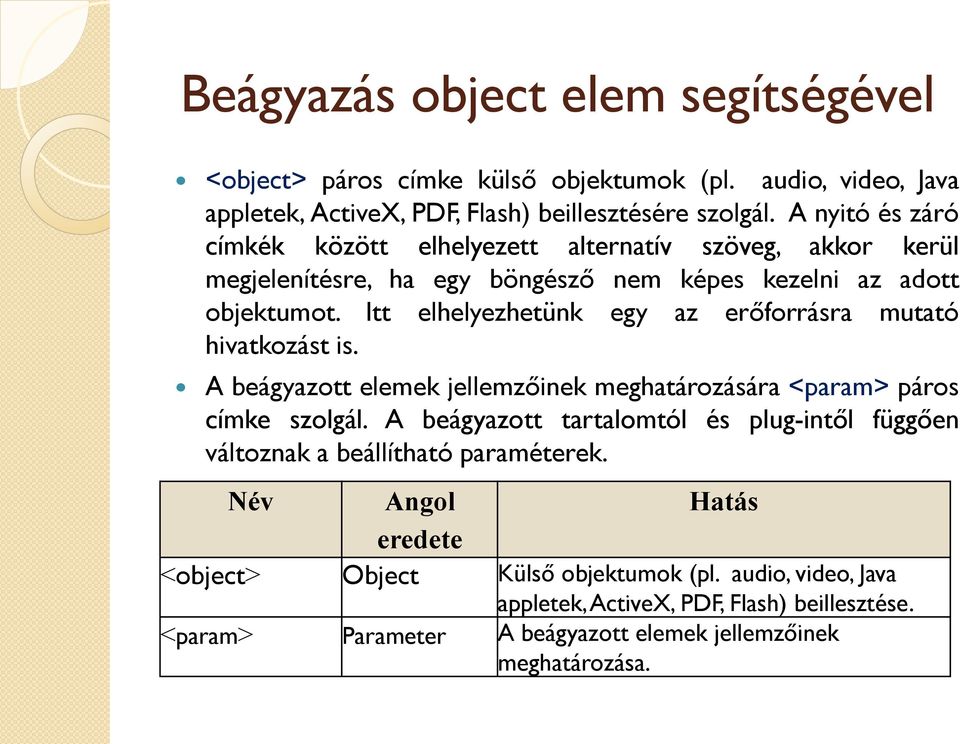 Itt elhelyezhetünk egy az erőforrásra mutató hivatkozást is. A beágyazott elemek jellemzőinek meghatározására <param> páros címke szolgál.