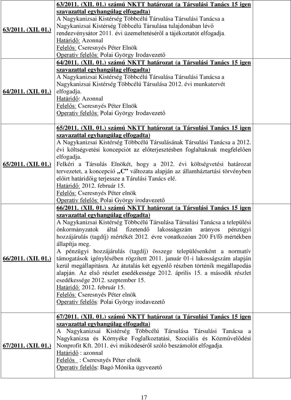 ) számú NKTT határozat (a Társulási Tanács 15 igen Nagykanizsai Kistérség Többcélú Társulása 2012. évi munkatervét elfogadja.