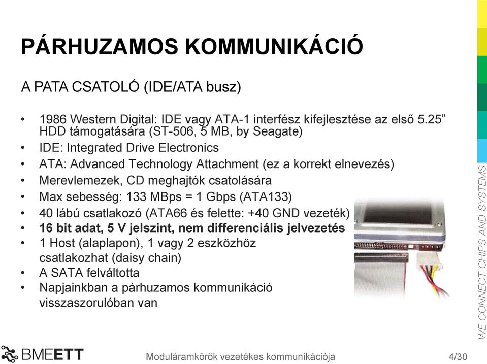 meghajtók csatolására Max sebesség: 133 MBps = 1 Gbps (ATA133) 40 lábú csatlakozó (ATA66 és felette: +40 GND vezeték) 16 bit adat, 5 V jelszint, nem