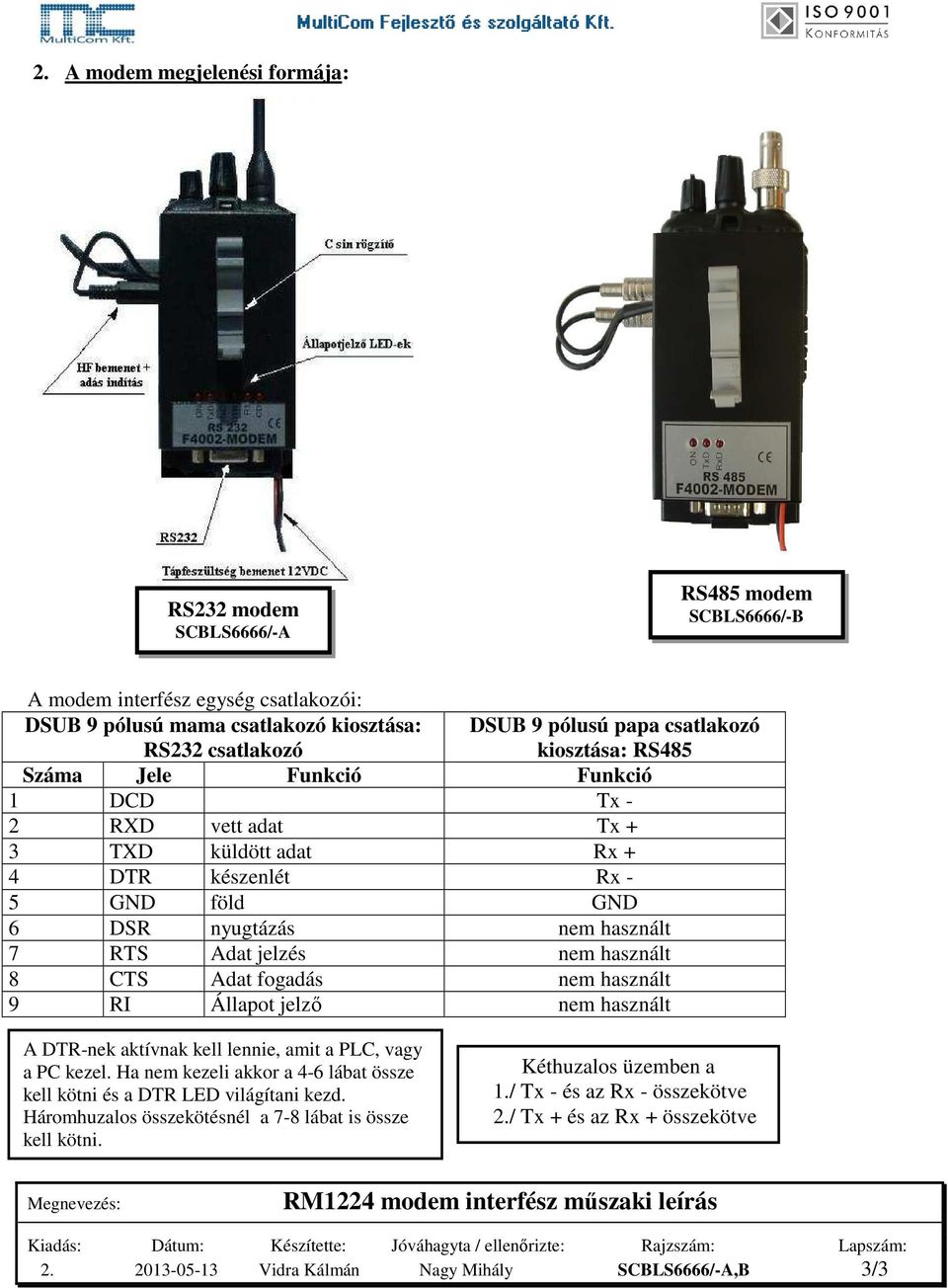 használt 8 CTS Adat fogadás nem használt 9 RI Állapot jelző nem használt A DTR-nek aktívnak kell lennie, amit a PLC, vagy a PC kezel.