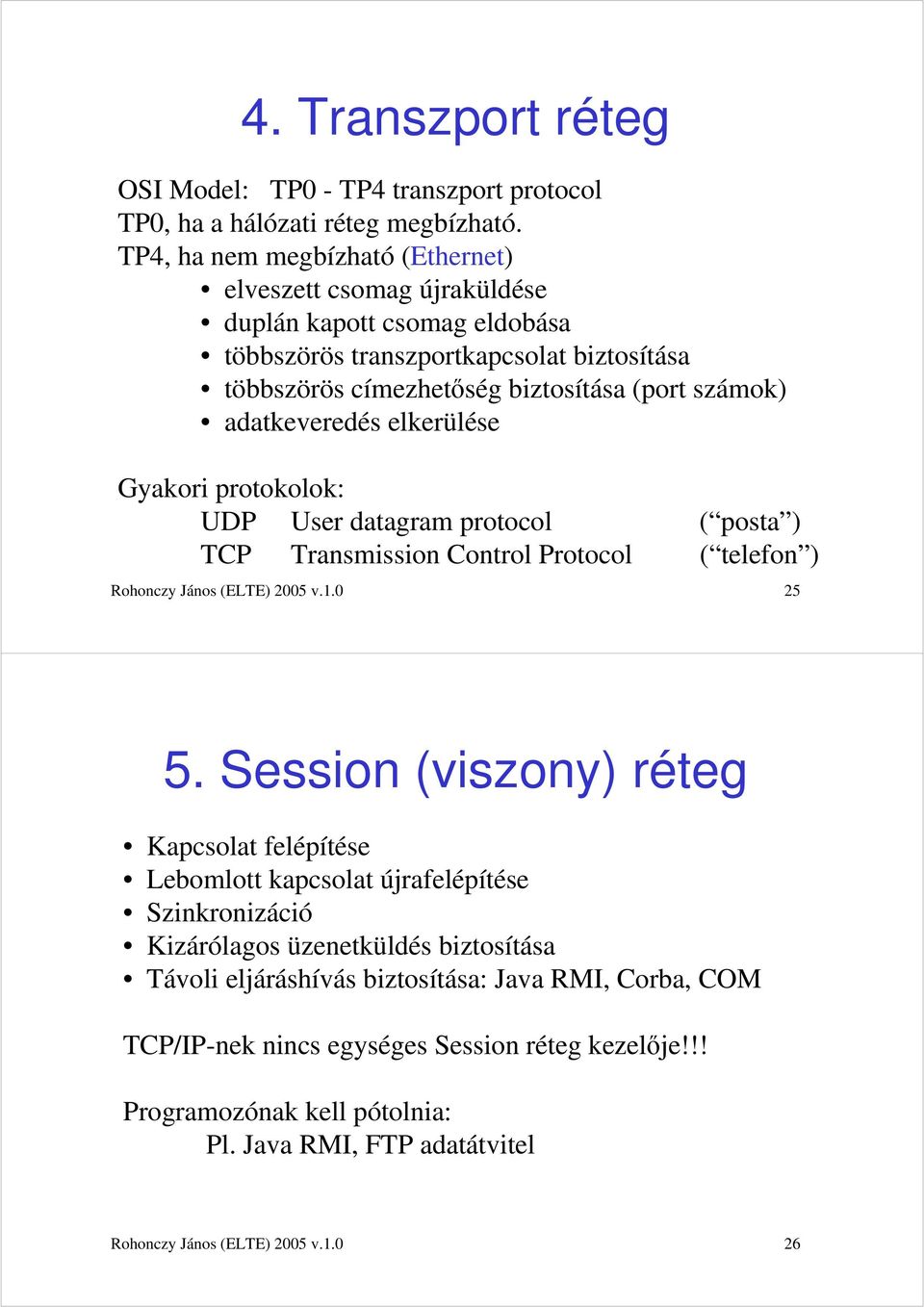 adatkeveredés elkerülése Gyakori protokolok: UDP User datagram protocol ( posta ) TCP Transmission Control Protocol ( telefon ) Rohonczy János (ELTE) 2005 v.1.0 25 5.