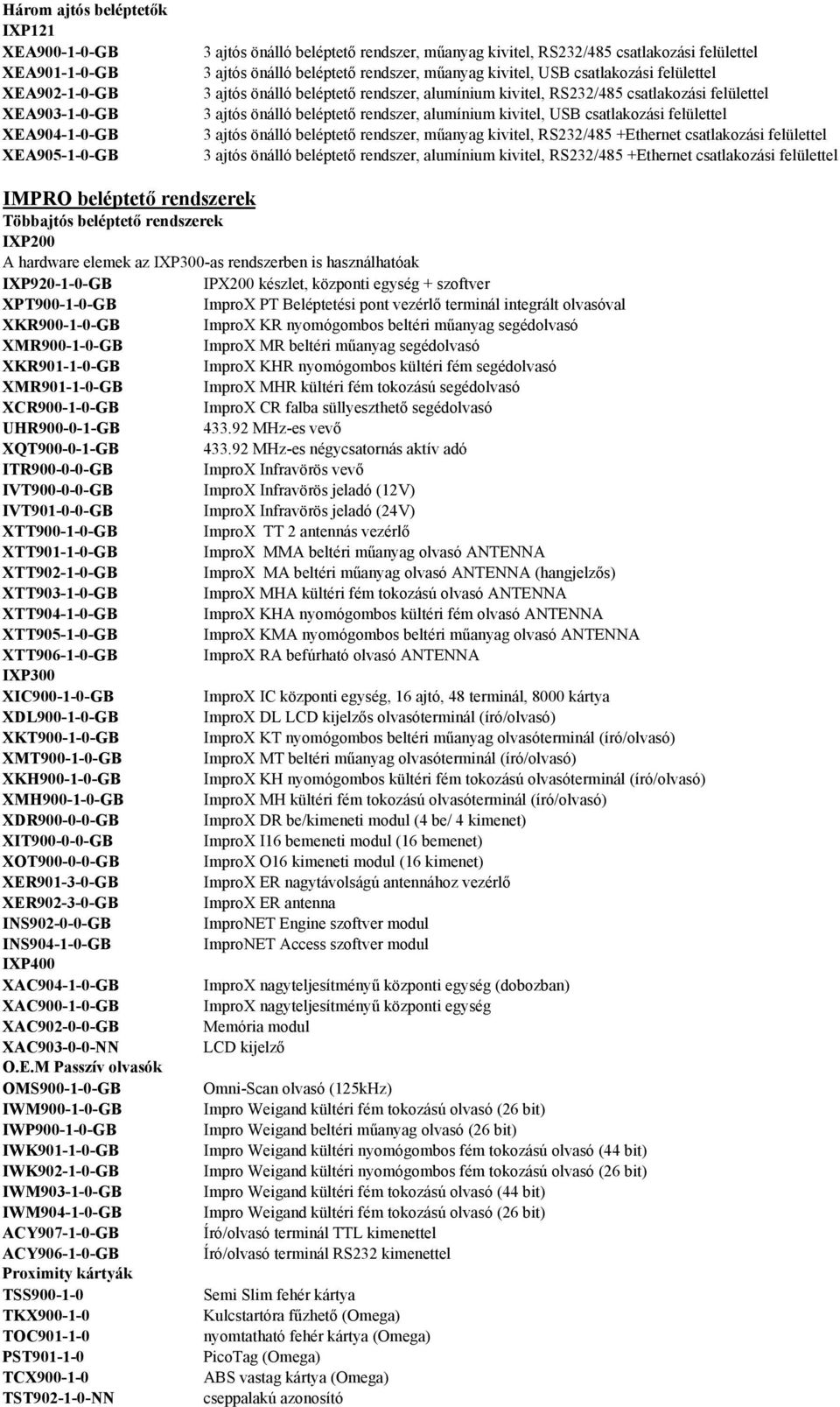 rendszer, alumínium kivitel, USB csatlakozási felülettel 3 ajtós önálló beléptető rendszer, műanyag kivitel, RS232/485 +Ethernet csatlakozási felülettel 3 ajtós önálló beléptető rendszer, alumínium