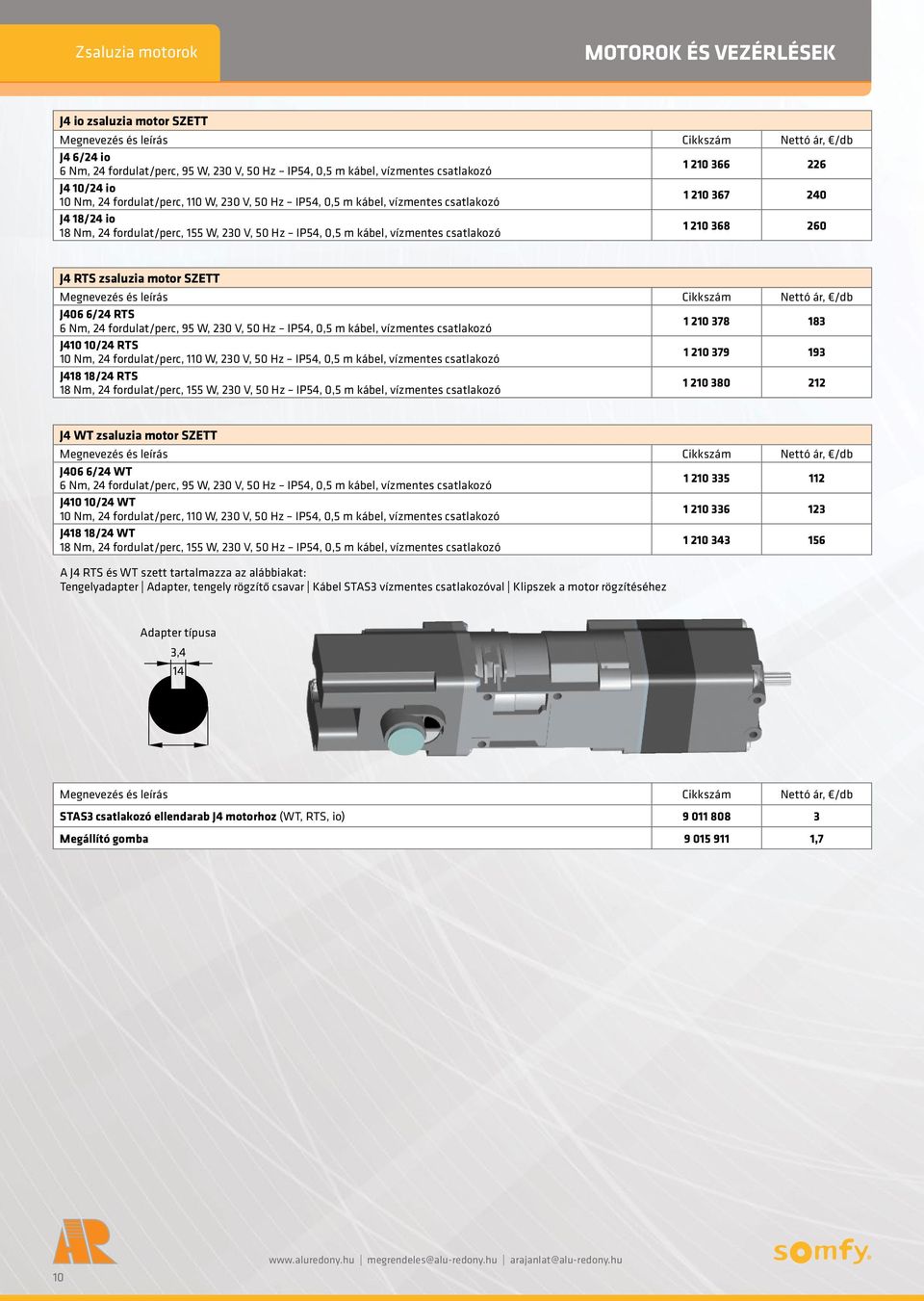 J4 RTS zsaluzia motor SZETT J406 6/24 RTS 6 Nm, 24 fordulat/perc, 95 W, 230 V, 50 Hz IP54, 0,5 m kábel, vízmentes csatlakozó 1 210 378 183 J410 10/24 RTS 10 Nm, 24 fordulat/perc, 110 W, 230 V, 50 Hz