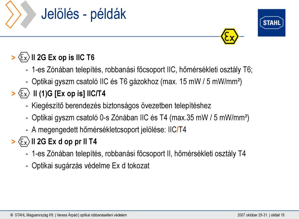 15 mw / 5 mw/mm²) II (1)G [Ex op is] IIC/T4 - Kiegészítő berendezés biztonságos övezetben telepítéshez - Optikai gyszm csatoló 0-s Zónában IIC és T4 (max.