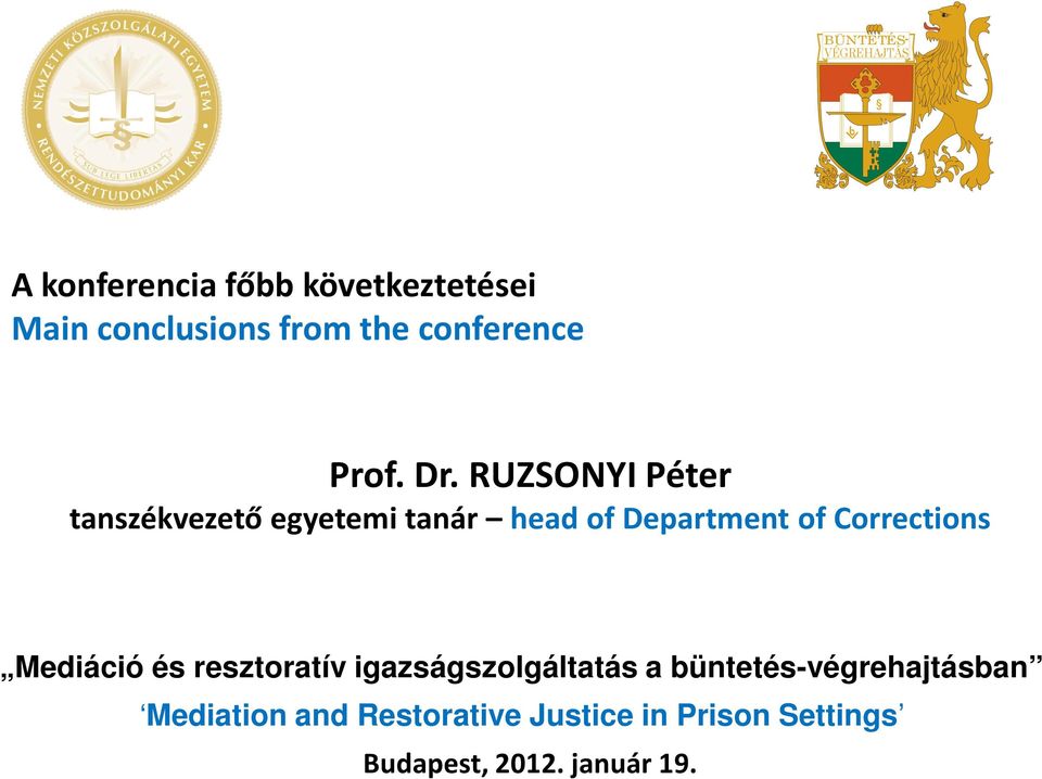 RUZSONYI Péter tanszékvezető egyetemi tanár head of Department of Corrections