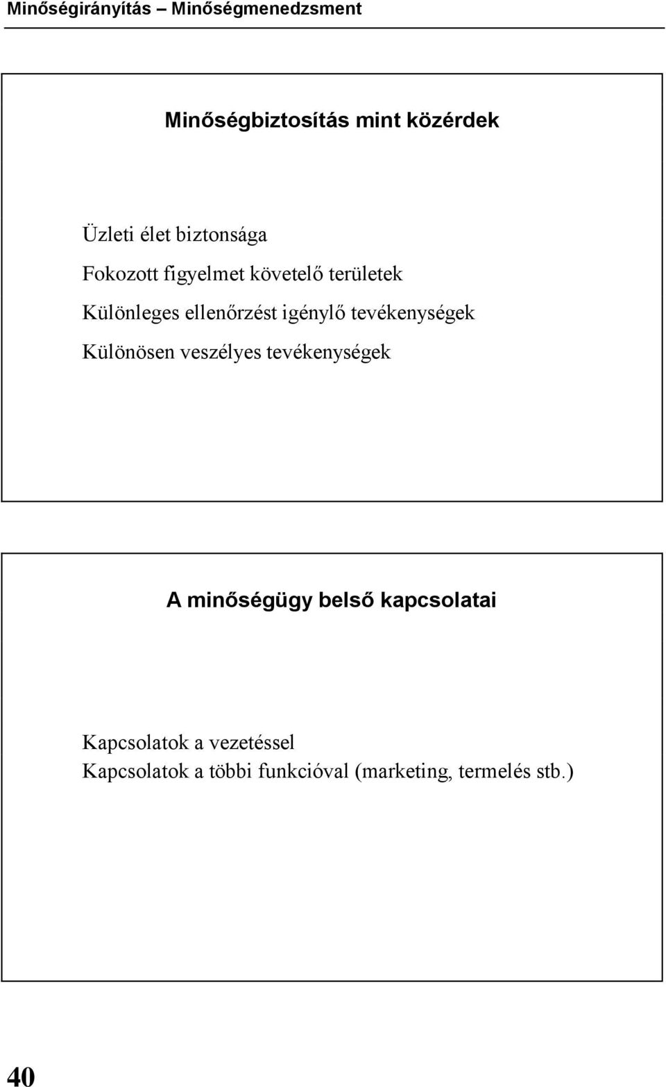 tevékenységek Különösen veszélyes tevékenységek A minőségügy belső kapcsolatai