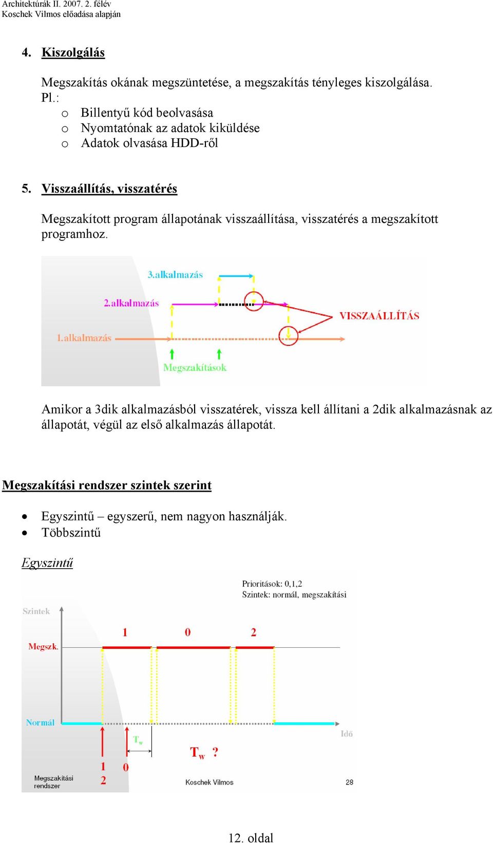 Visszaállítás, visszatérés Megszakított program állapotának visszaállítása, visszatérés a megszakított programhoz.