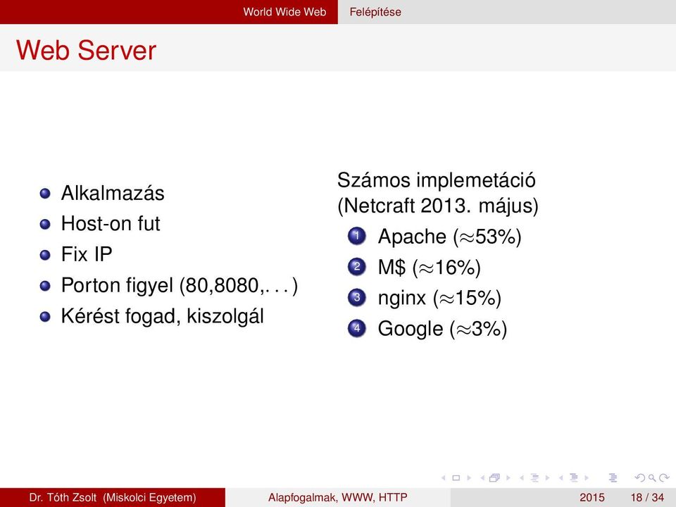 .. ) Kérést fogad, kiszolgál Számos implemetáció (Netcraft 2013.