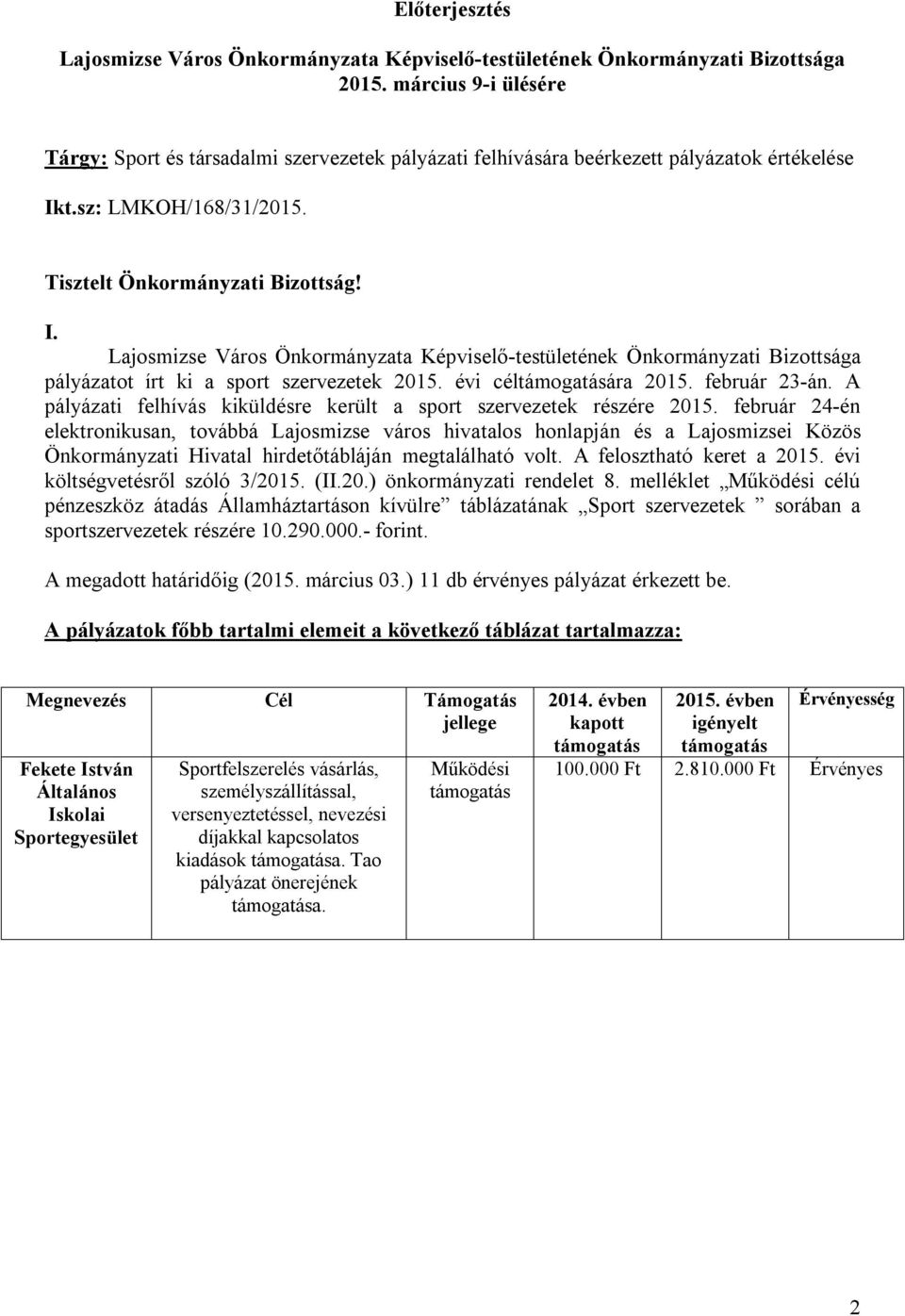 t.sz: LMKOH/168/31/2015. Tisztelt Önkormányzati Bizottság! I. Lajosmizse Város Önkormányzata Képviselő-testületének Önkormányzati Bizottsága pályázatot írt ki a sport szervezetek 2015.