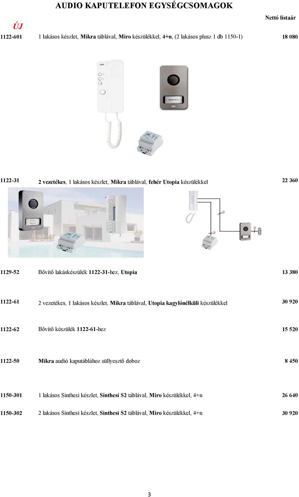 készlet, Mikra táblával, Utopia kagylónélküli készülékkel 30 920 1122-62 Bővítő készülék 1122-61-hez 15 520 1122-50 Mikra audió kaputáblához süllyesztő doboz 8 450