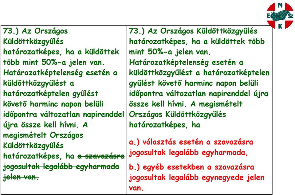 A megismételt Országos Küldöttközgyűlés határozatképes, ha a szavazásra jogosultak legalább egyharmada jelen van.   A megismételt Országos Küldöttközgyűlés határozatképes, ha a.