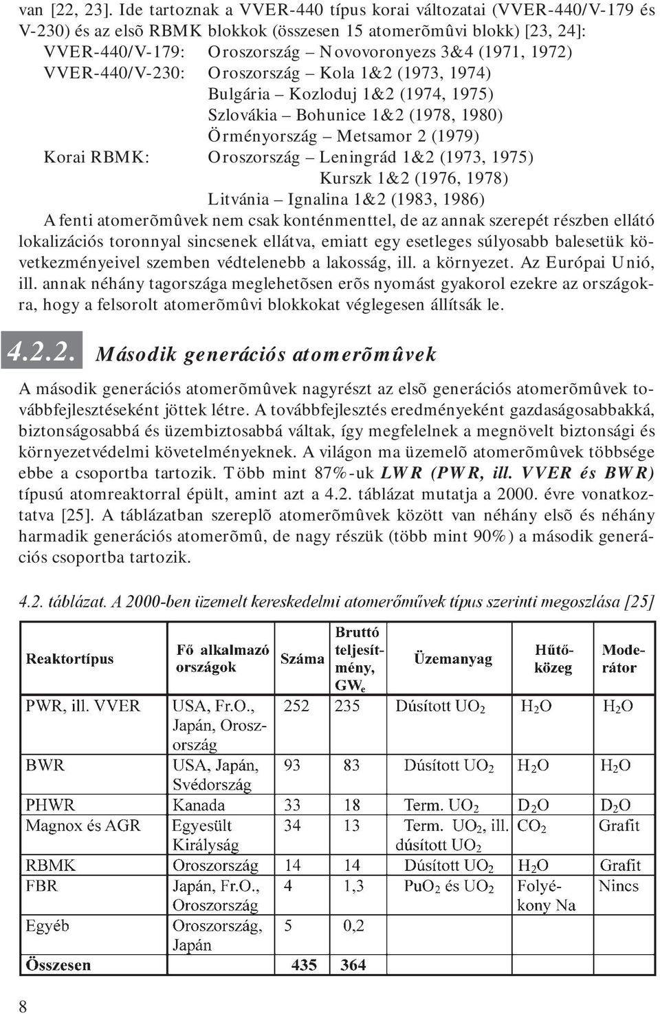 VVER-440/V-230: Oroszország Kola 1&2 (1973, 1974) Bulgária Kozloduj 1&2 (1974, 1975) Szlovákia Bohunice 1&2 (1978, 1980) Örményország Metsamor 2 (1979) Korai RBMK: Oroszország Leningrád 1&2 (1973,