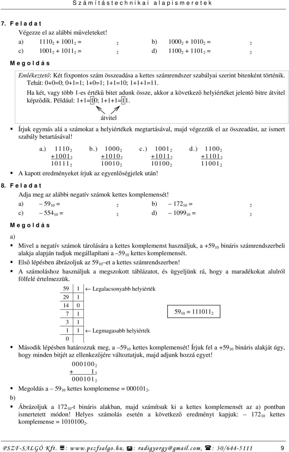 bitenként történik. Tehát: 0+0=0; 0+1=1; 1+0=1; 1+1=10; 1+1+1=11. Ha két, vagy több 1-es értékő bitet adunk össze, akkor a következı helyiértéket jelentı bitre átvitel képzıdik.