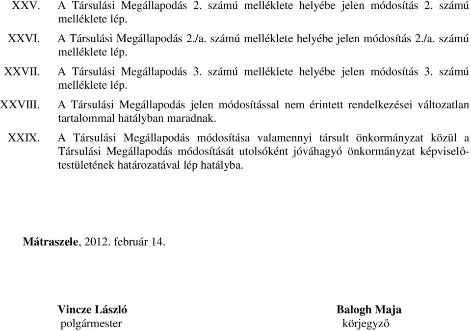 számú A Társulási Megállapodás jelen módosítással nem érintett rendelkezései változatlan tartalommal hatályban maradnak.