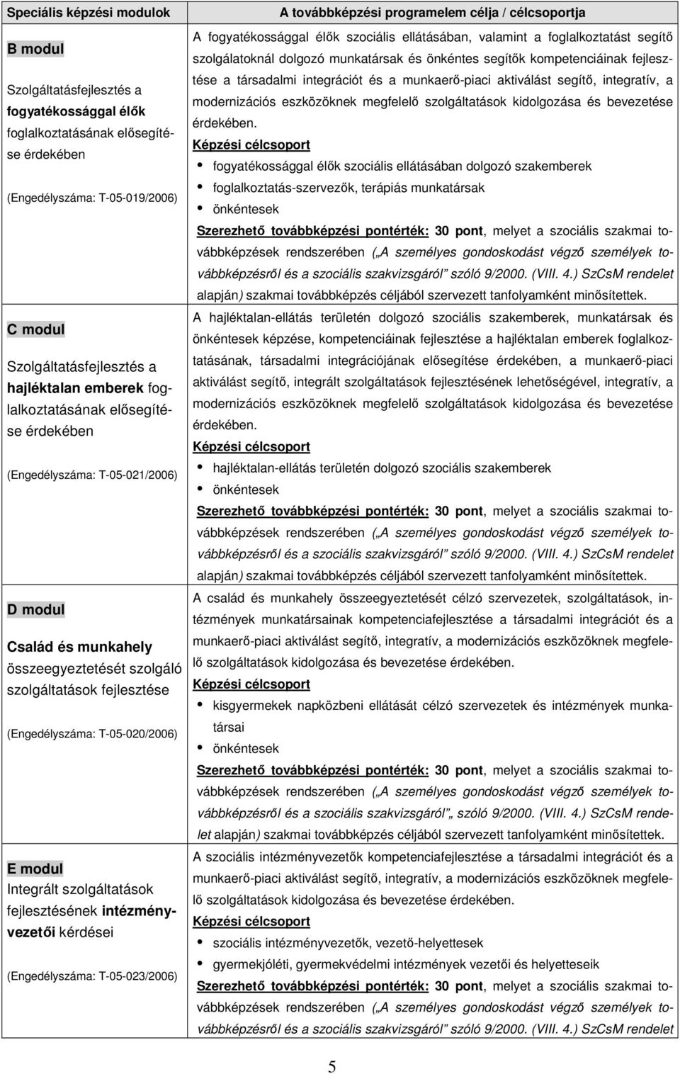 modul Integrált szolgáltatások fejlesztésének intézményvezetıi kérdései (Engedélyszáma: T-05-023/2006) A továbbképzési programelem célja / célcsoportja A fogyatékossággal élık szociális ellátásában,