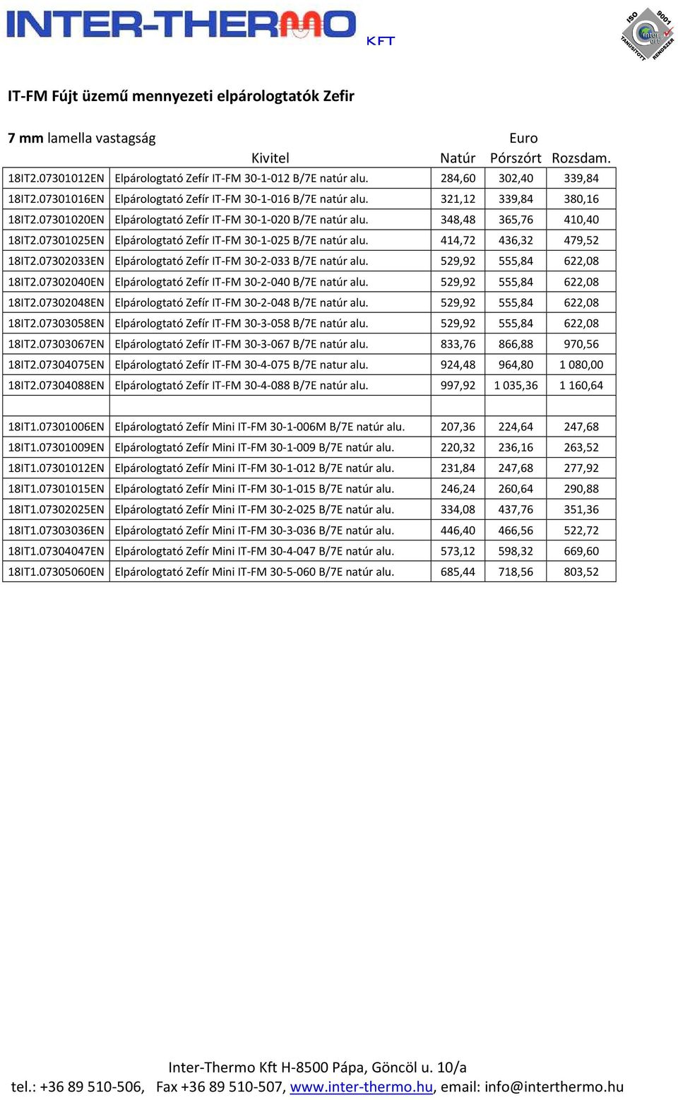 07301025EN Elpárologtató Zefír IT-FM 30-1-025 B/7E natúr alu. 414,72 436,32 479,52 18IT2.07302033EN Elpárologtató Zefír IT-FM 30-2-033 B/7E natúr alu. 529,92 555,84 622,08 18IT2.