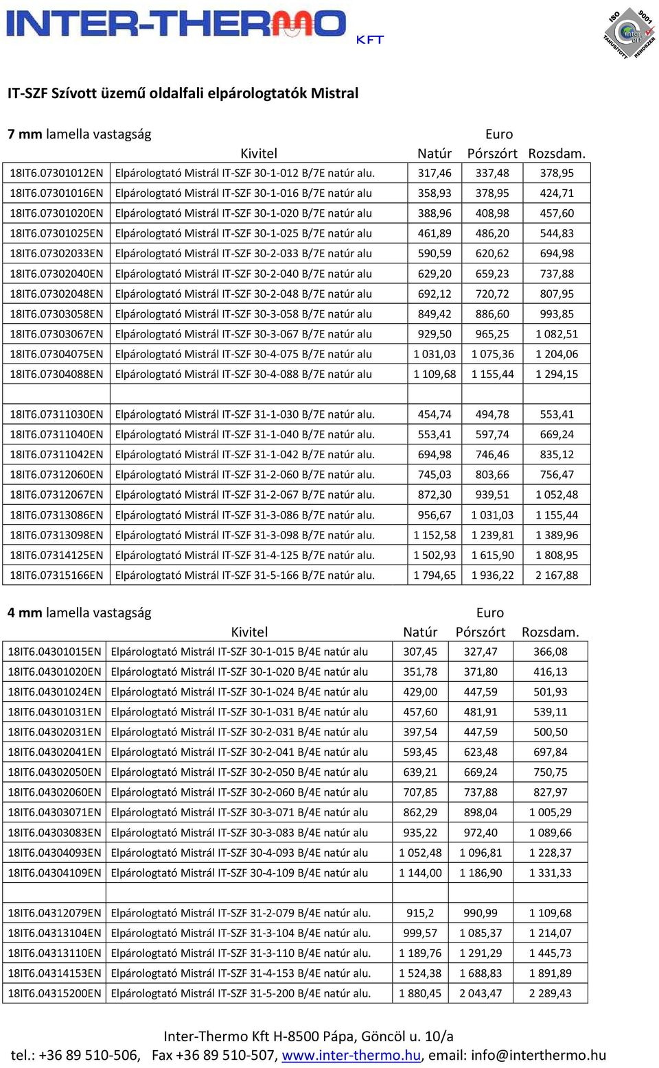 07301025EN Elpárologtató Mistrál IT-SZF 30-1-025 B/7E natúr alu 461,89 486,20 544,83 18IT6.07302033EN Elpárologtató Mistrál IT-SZF 30-2-033 B/7E natúr alu 590,59 620,62 694,98 18IT6.