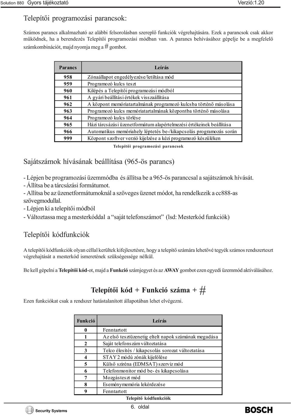 Parancs Leírás 958 Zónaállapot engedélyezése/letiltása mód 959 Programozó kulcs teszt 960 Kilépés a Telepítõi programozási módból 96 A gyári beállítási értékek visszaállítása 962 A központ