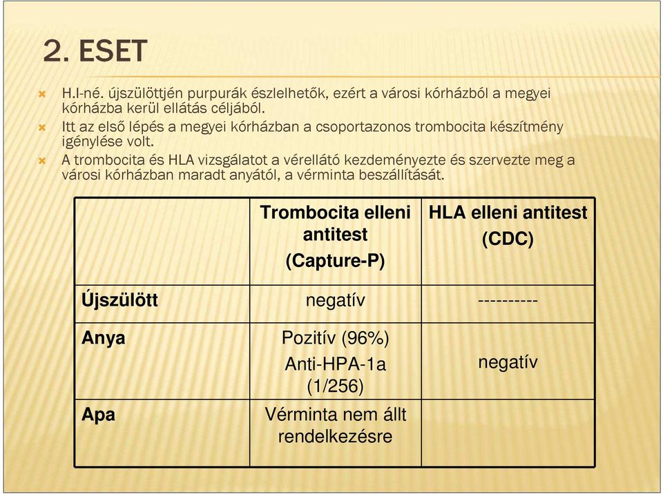 A trombocita és HLA vizsgálatot a vérellátó kezdeményezte és szervezte meg a városi kórházban maradt anyától, a vérminta