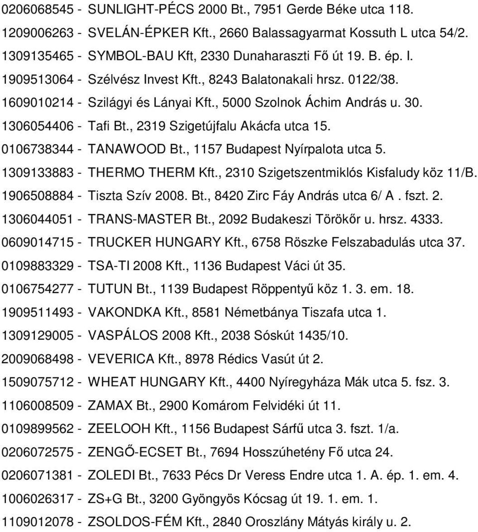 0106738344 - TANAWOOD Bt., 1157 Budapest Nyírpalota utca 5. 1309133883 - THERMO THERM Kft., 2310 Szigetszentmiklós Kisfaludy köz 11/B. 1906508884 - Tiszta Szív 2008. Bt., 8420 Zirc Fáy András utca 6/ A.
