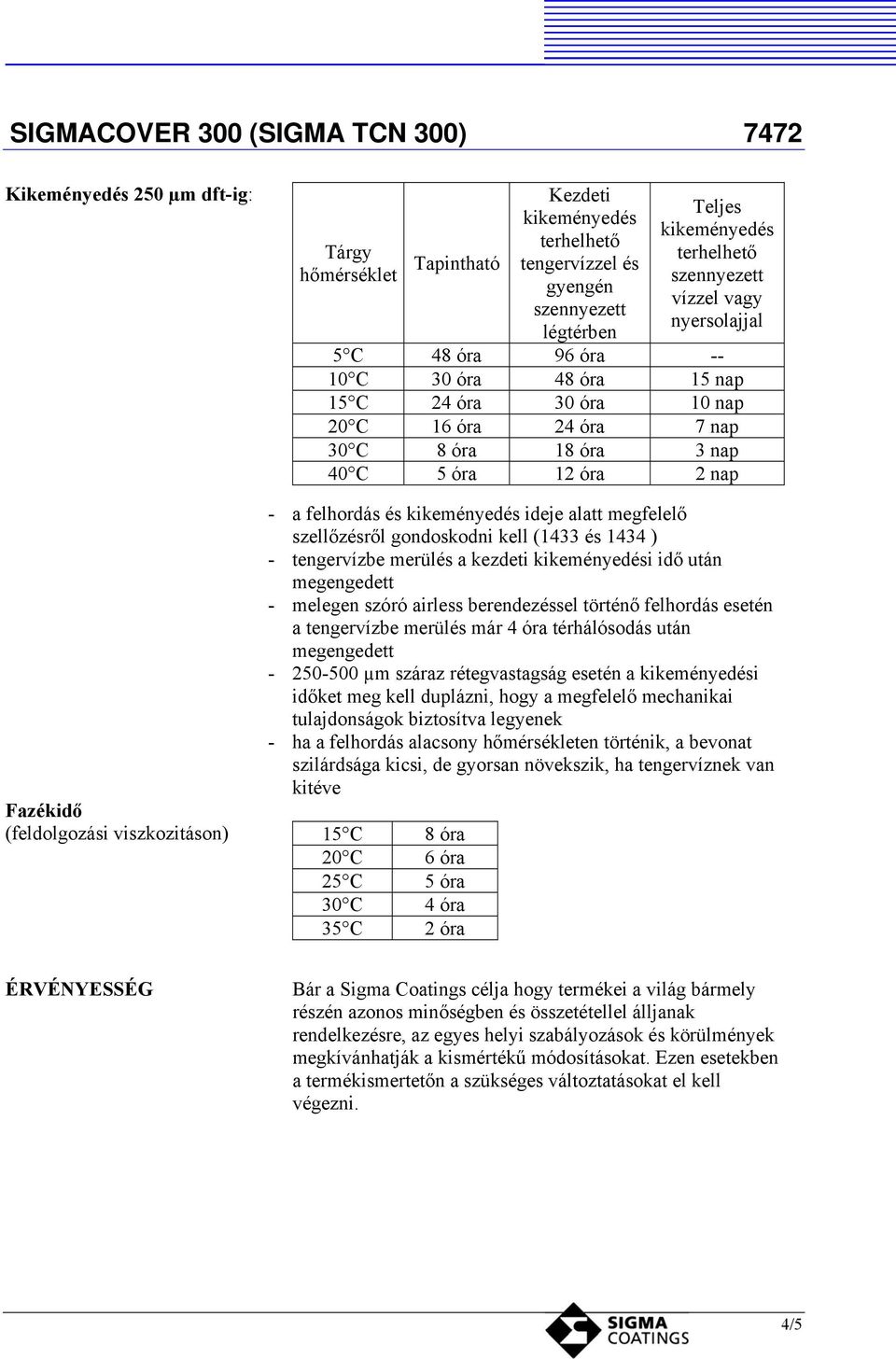 szellőzésről gondoskodni kell (1433 és 1434 ) - tengervízbe merülés a kezdeti kikeményedési idő után megengedett - melegen szóró airless berendezéssel történő felhordás esetén a tengervízbe merülés