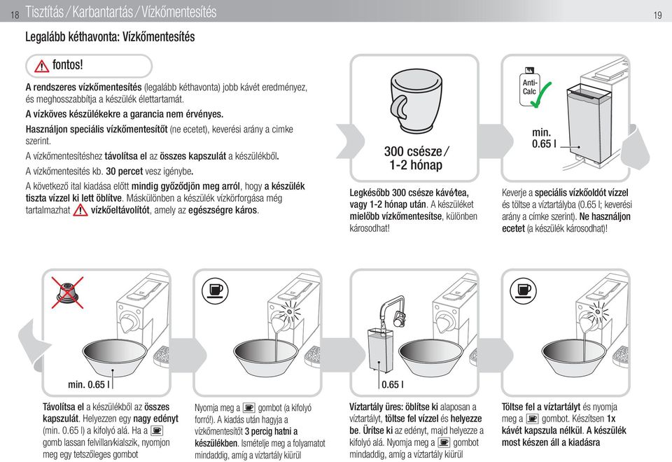 Használjon speciális vízkőmentesítőt (ne ecetet), keverési arány a cimke szerint. A vízkőmentesítéshez távolítsa el az összes kapszulát a készülékből. A vízkőmentesités kb. 30 percet vesz igénybe.