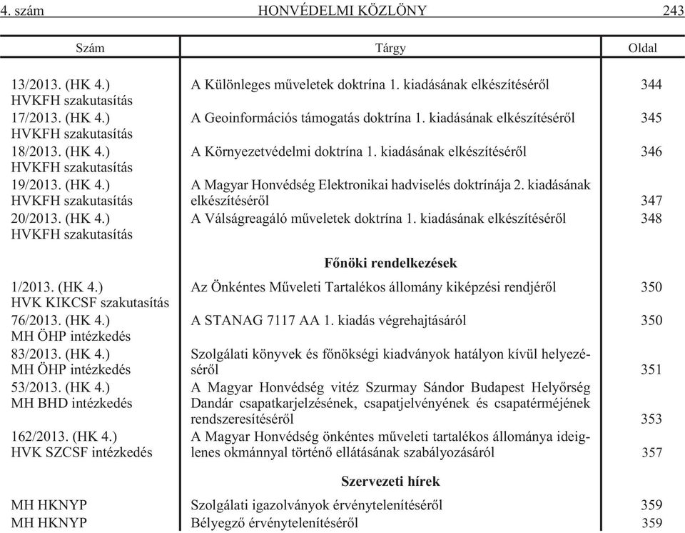 kiadásának elkészítésérõl 344 A Geoinformációs támogatás doktrína 1. kiadásának elkészítésérõl 345 A Környezetvédelmi doktrína 1.