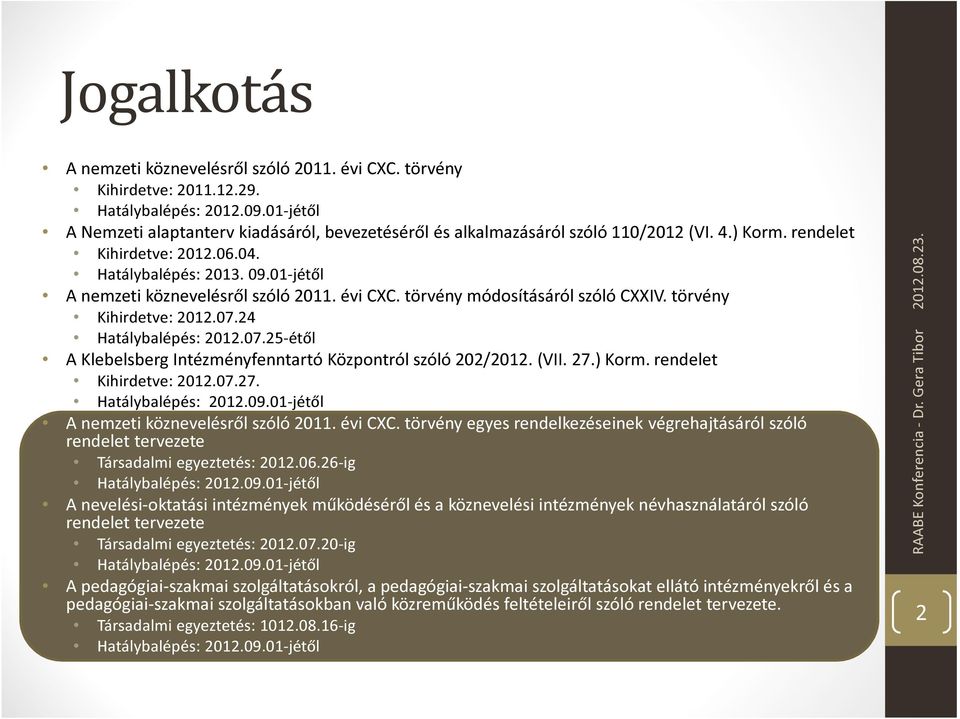 01-jétől A nemzeti köznevelésről szóló 2011. évi CXC. törvény módosításáról szóló CXXIV. törvény Kihirdetve: 2012.07.24 Hatálybalépés: 2012.07.25-étől A Klebelsberg Intézményfenntartó Központról szóló 202/2012.