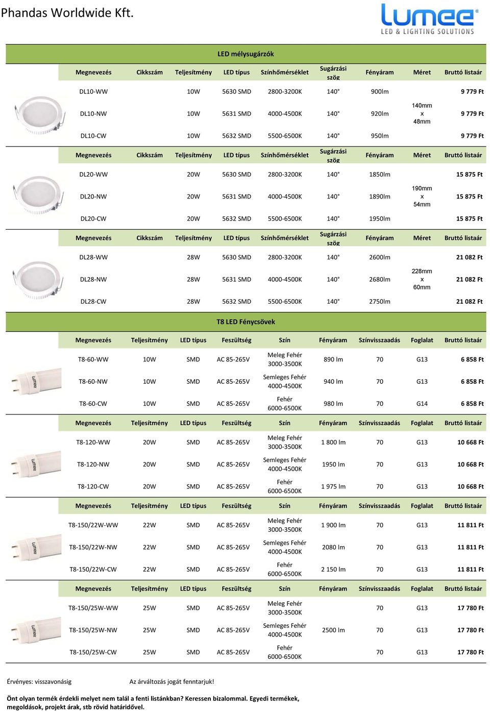 SMD 2800 3200K 140 2600lm 21 082 Ft 228mm DL28 NW 28W 5631 SMD 140 2680lm x 21 082 Ft 60mm DL28 CW 28W 5632 SMD 5500 6500K 140 2750lm 21 082 Ft T8 LED Fénycsövek Megnevezés Teljesítmény LED típus