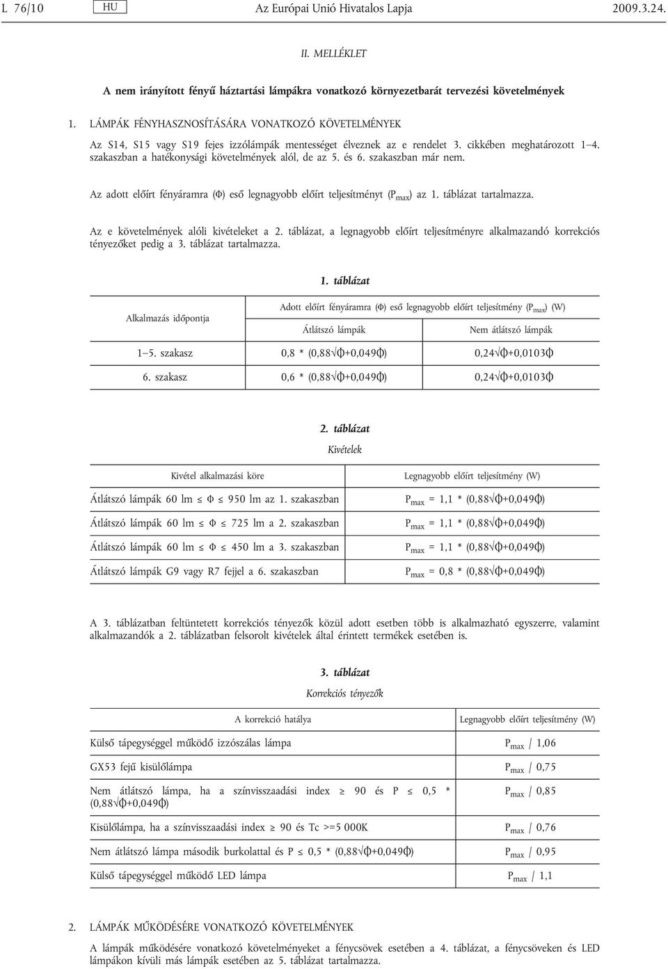 szakaszban a hatékonysági követelmények alól, de az 5. és 6. szakaszban már nem. Az adott előírt fényáramra (Φ) eső legnagyobb előírt teljesítményt (P max ) az 1. táblázat tartalmazza.