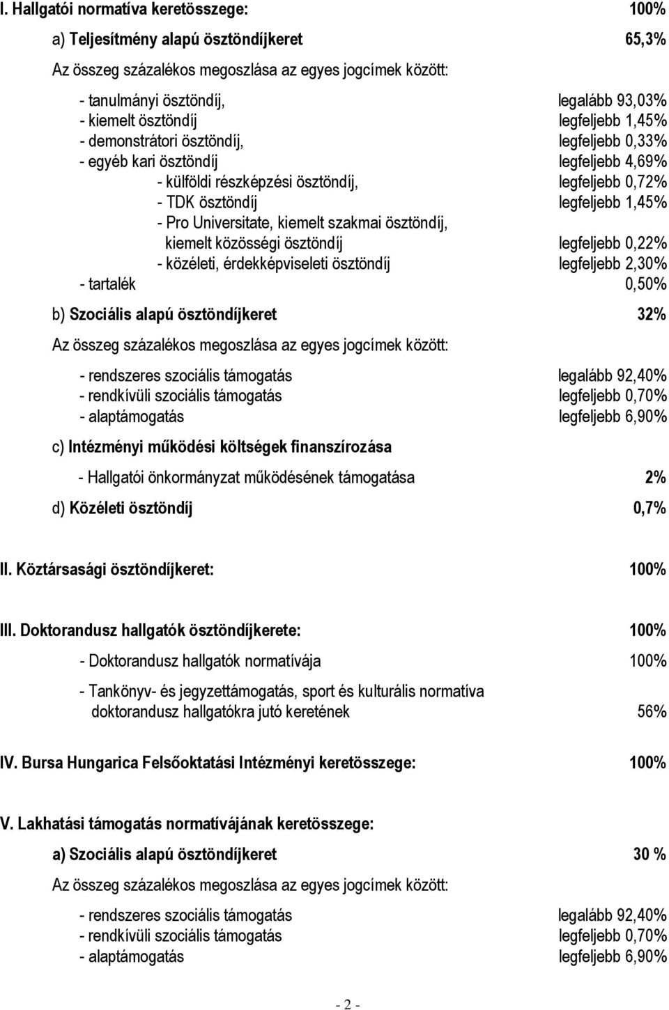 Pro Universitate, kiemelt szakmai ösztöndíj, kiemelt közösségi ösztöndíj legfeljebb 0,22% - közéleti, érdekképviseleti ösztöndíj legfeljebb 2,30% - tartalék 0,50% b) Szociális alapú ösztöndíjkeret