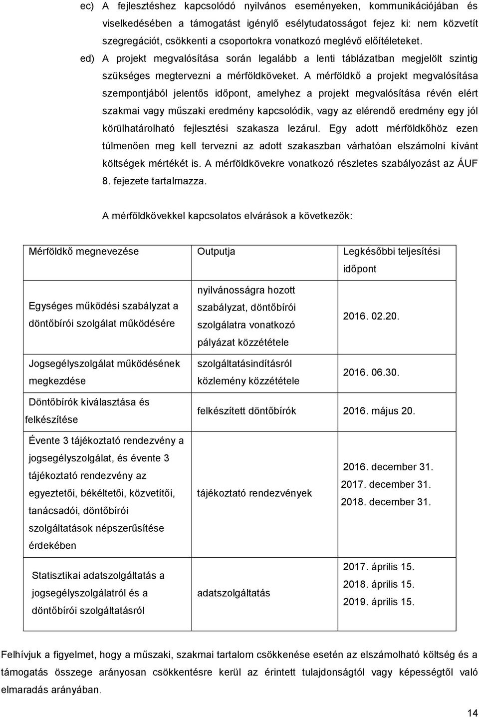 A mérföldkő a projekt megvalósítása szempontjából jelentős időpont, amelyhez a projekt megvalósítása révén elért szakmai vagy műszaki eredmény kapcsolódik, vagy az elérendő eredmény egy jól