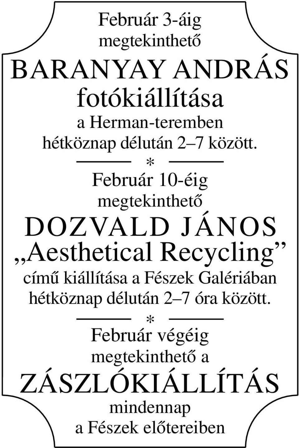 * Február 10-éig megtekinthető DOZVALD JÁNOS Aesthetical Recycling című