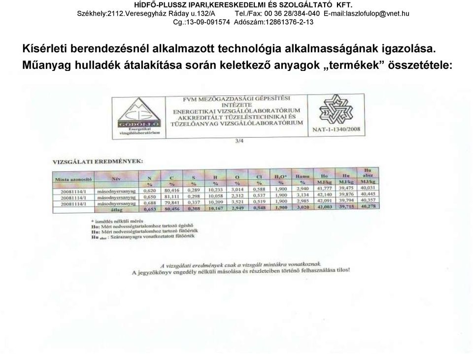 :13-09-091574 Adószám:12861376-2-13 Kísérleti berendezésnél alkalmazott technológia