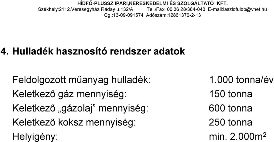 Hulladék hasznosító rendszer adatok Feldolgozott műanyag hulladék: 1.