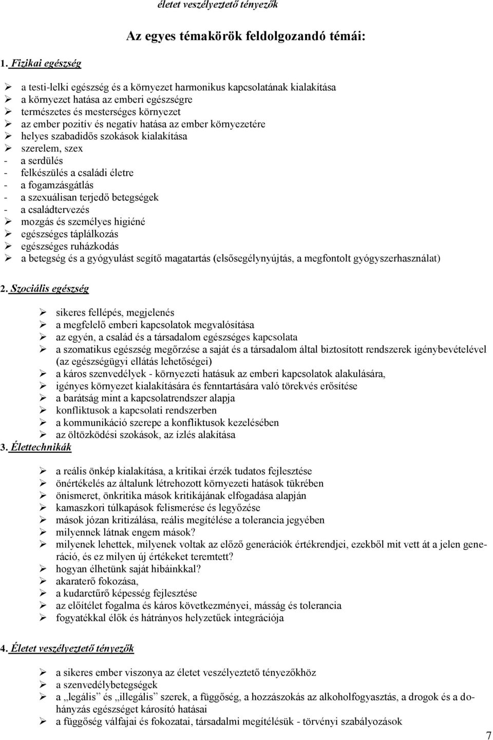 hatása az ember környezetére helyes szabadidős szokások kialakítása szerelem, szex - a serdülés - felkészülés a családi életre - a fogamzásgátlás - a szexuálisan terjedő betegségek - a családtervezés