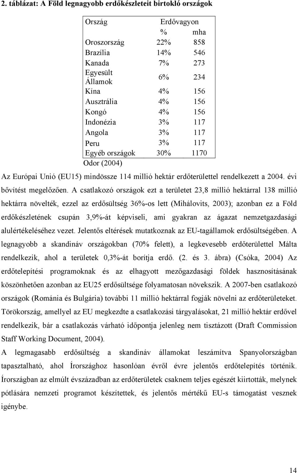 A csatlakozó országok ezt a területet 23,8 millió hektárral 138 millió hektárra növelték, ezzel az erdősültség 36%-os lett (Mihálovits, 2003); azonban ez a Föld erdőkészletének csupán 3,9%-át