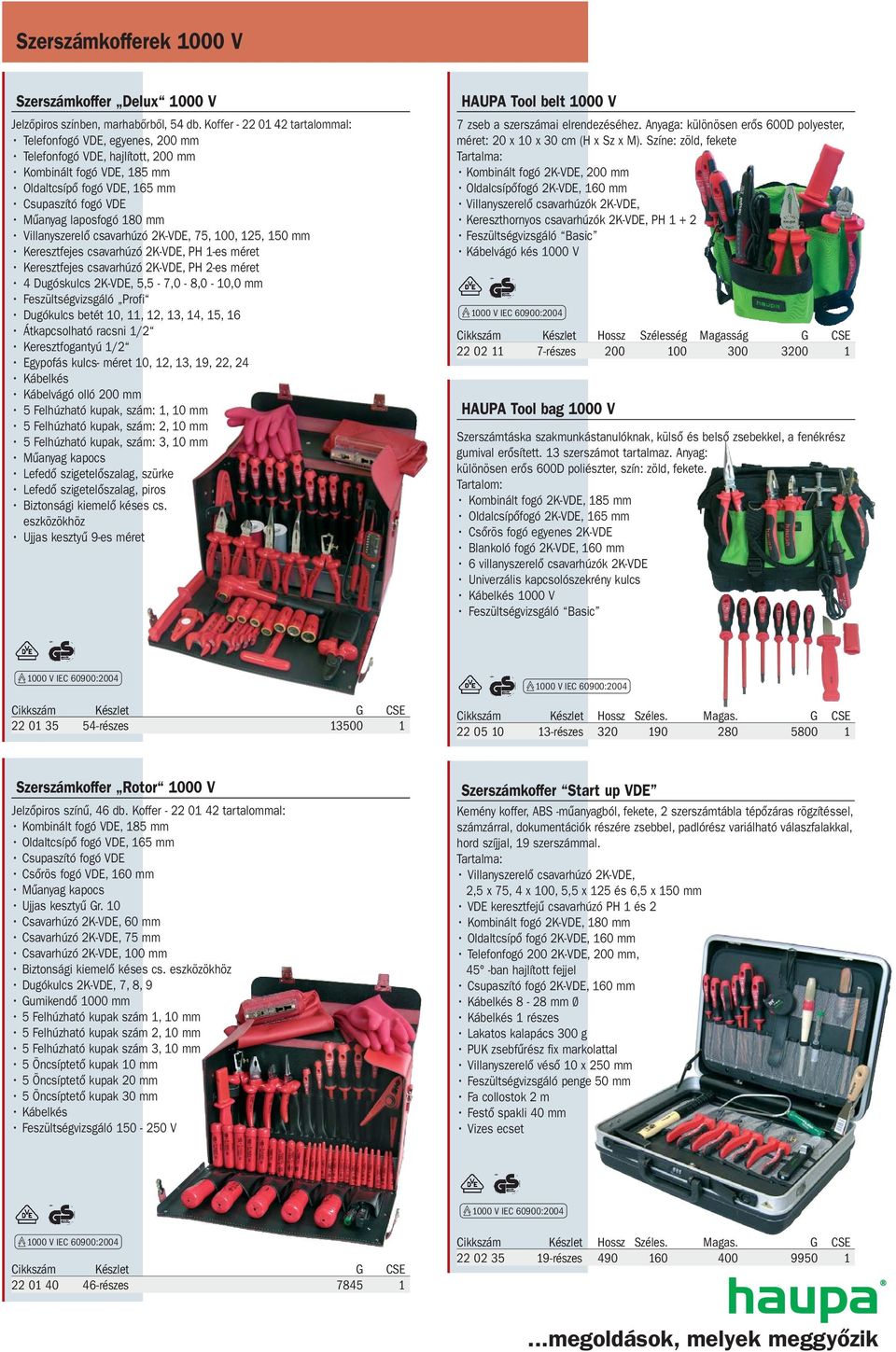 5,5-7,0-8,0-10,0 mm Profi Dugókulcs betét 10, 11, 12, 13, 14, 15, 16 Átkapcsolható racsni 1/2 Keresztfogantyú 1/2 Egypofás kulcs- méret 10, 12, 13, 19, 22, 24 Kábelvágó olló 200 mm 5 Felhúzható