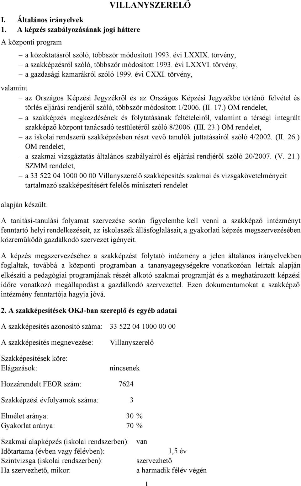 törvény, valamint az Országos Képzési Jegyzékről és az Országos Képzési Jegyzékbe történő felvétel és törlés eljárási rendjéről szóló, többször módosított 1/2006. (II. 17.