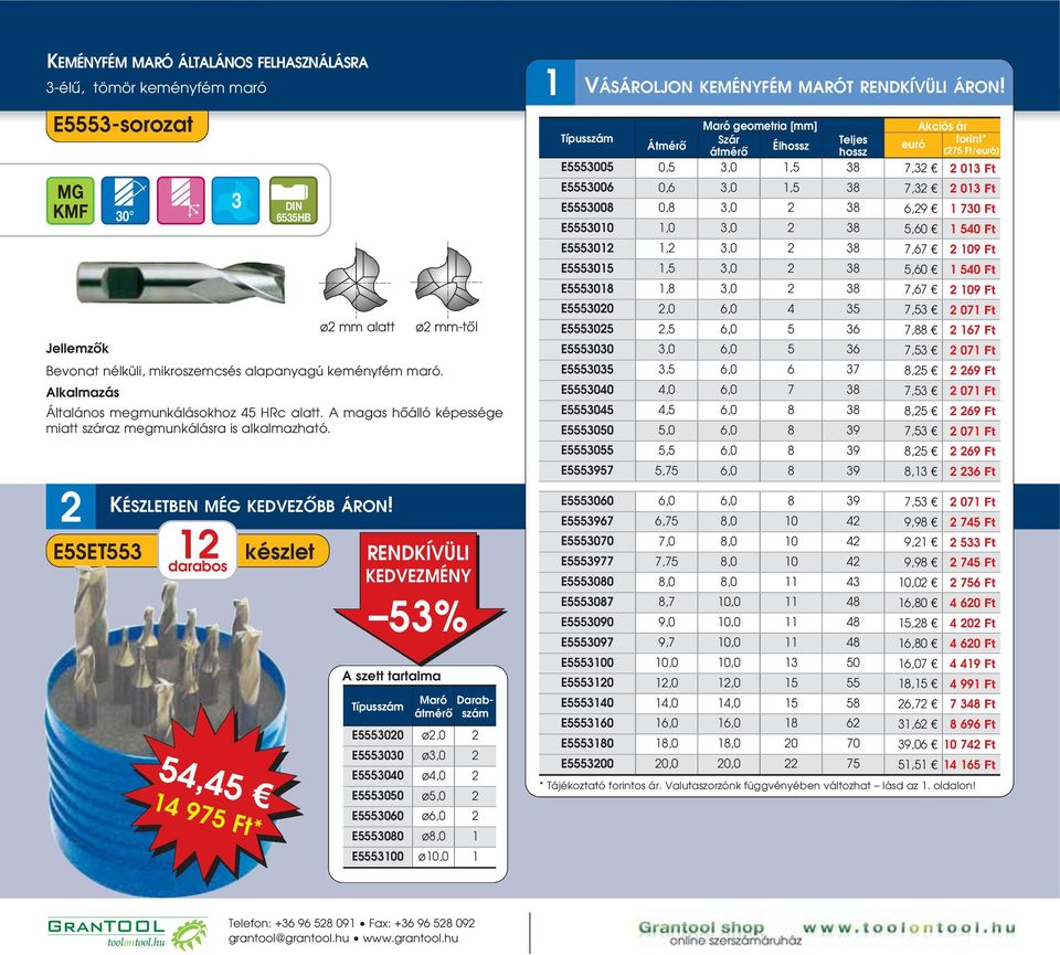E5SET553 ø mm alatt 1 készlet 54,45 14 975 Ft* ø mm-tôl 53% Maró Darabszám E555300 ø,0 E5553030 ø3,0 E5553040 ø4,0 E5553050 ø5,0 E5553060 ø6,0 E5553080 ø8,0 1 E5553100 ø10,0 1 1 VÁSÁROLJON KEMÉNYFÉM